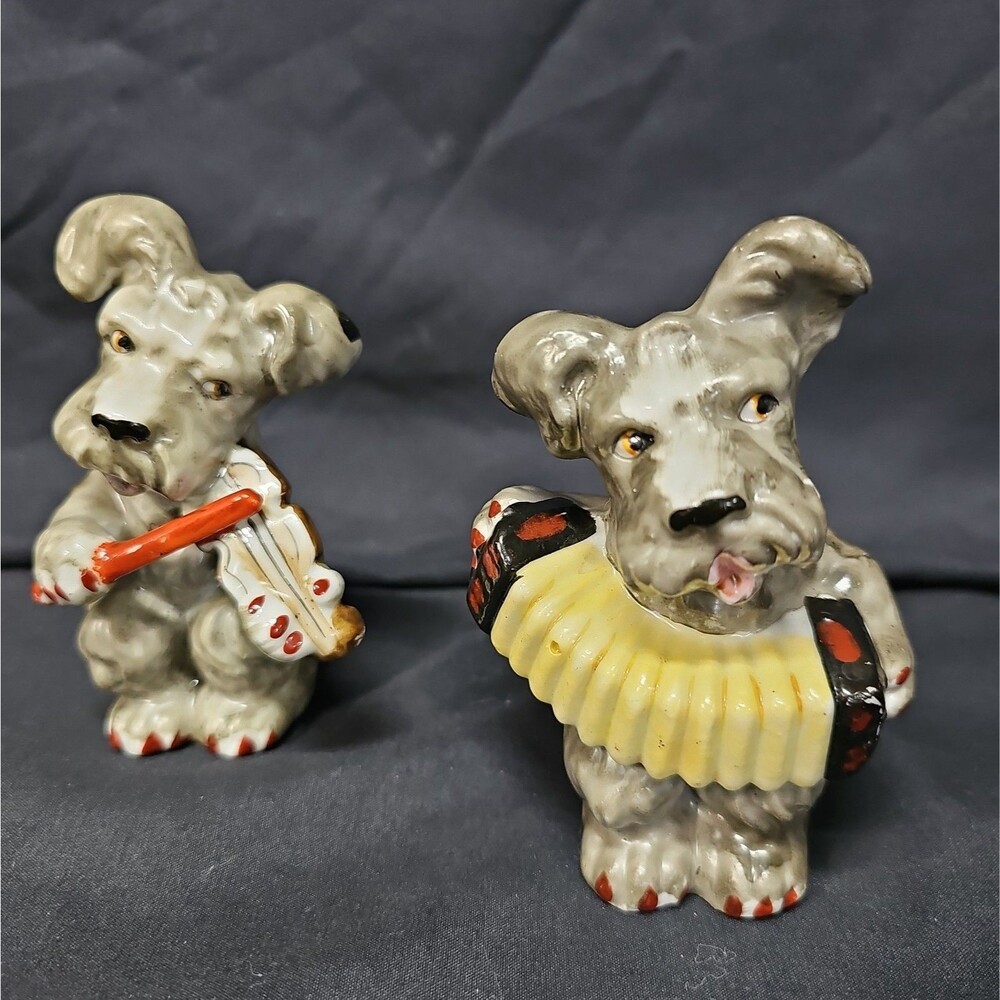Vintage Japan Red Stamp Schnauzer Terrier Dog Musician Figurines Accordion Pair